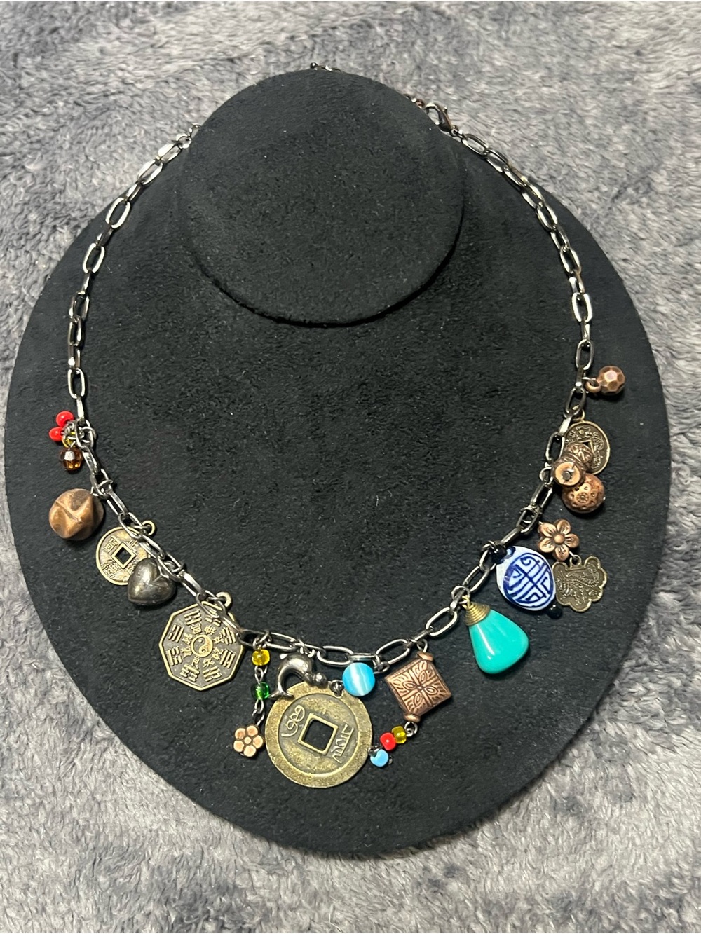 Source Unknown Multi-Color Charm Necklace with Turquoise and Gold Tones
